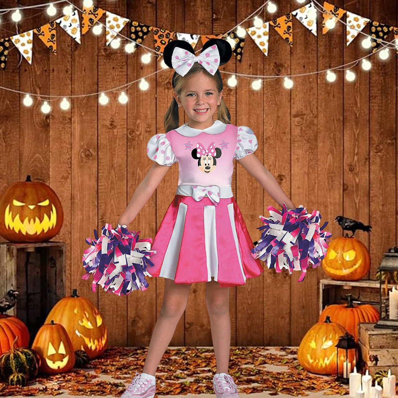 Girls Minnie Cheerleader Costume Pink Dress with Pom Poms and Headband Halloween